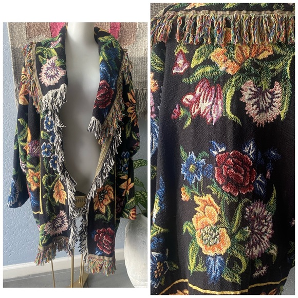 Jackets & Blazers - Vintage 90s beautiful multicolored floral garden knit blanket coat jacket ||